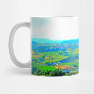 View in Castignano at Mount Ascension, fields and meadows, houses and trees Mug